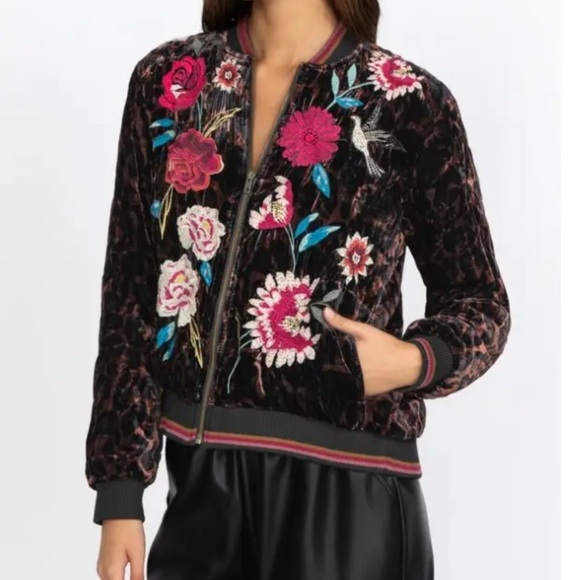 Johnny Was Black Bomber Jacket with Floral Embroidery - Picture 7 of 16